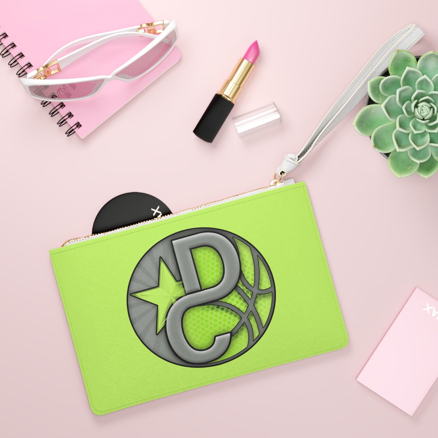 Neon Green Sports Logo Clutch Bag — Monogram P C Basketball Star Wristlet